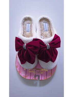Yellow & Moon Plush Bow Slippers Women Cozy House Slippers Size 9-10